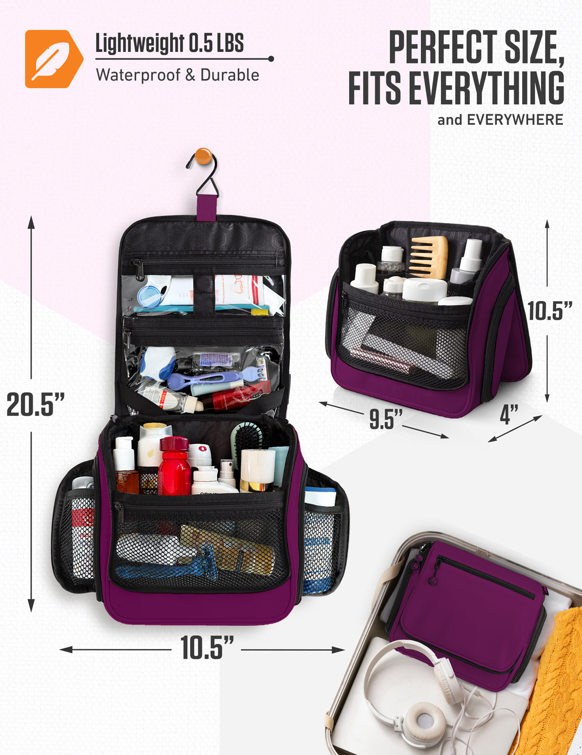 Open purple hanging toiletry bag with mesh compartments and multiple zip pockets