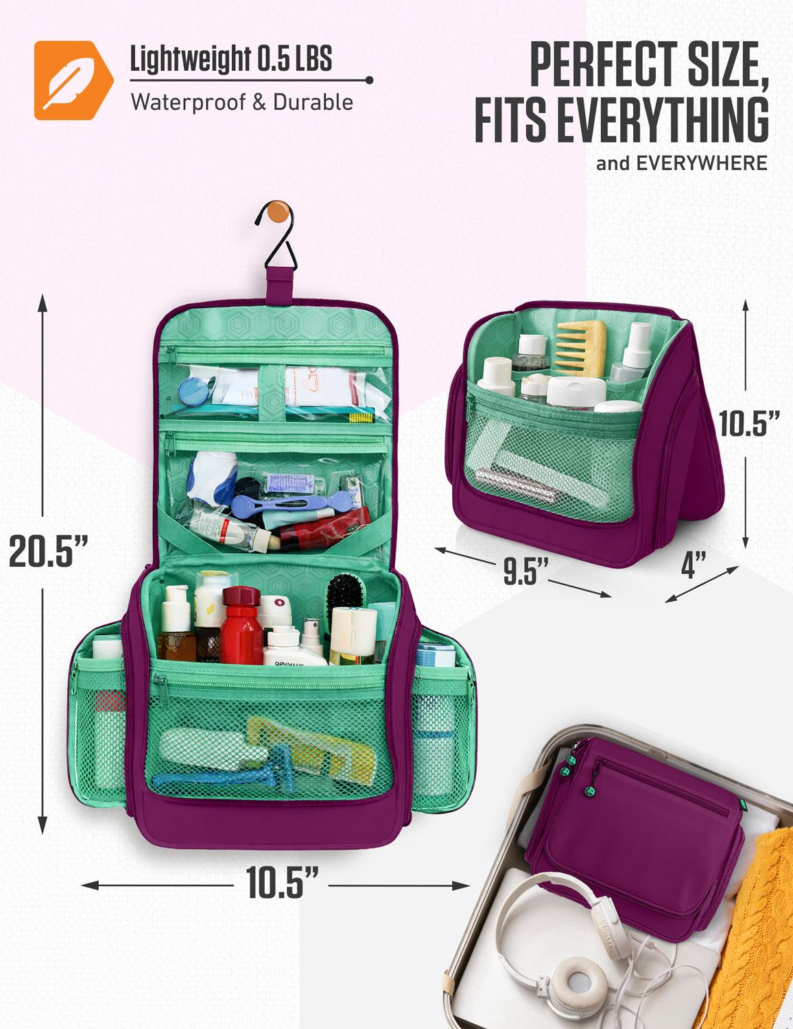 Open green hanging toiletry bag with clear front top and mesh storage compartments