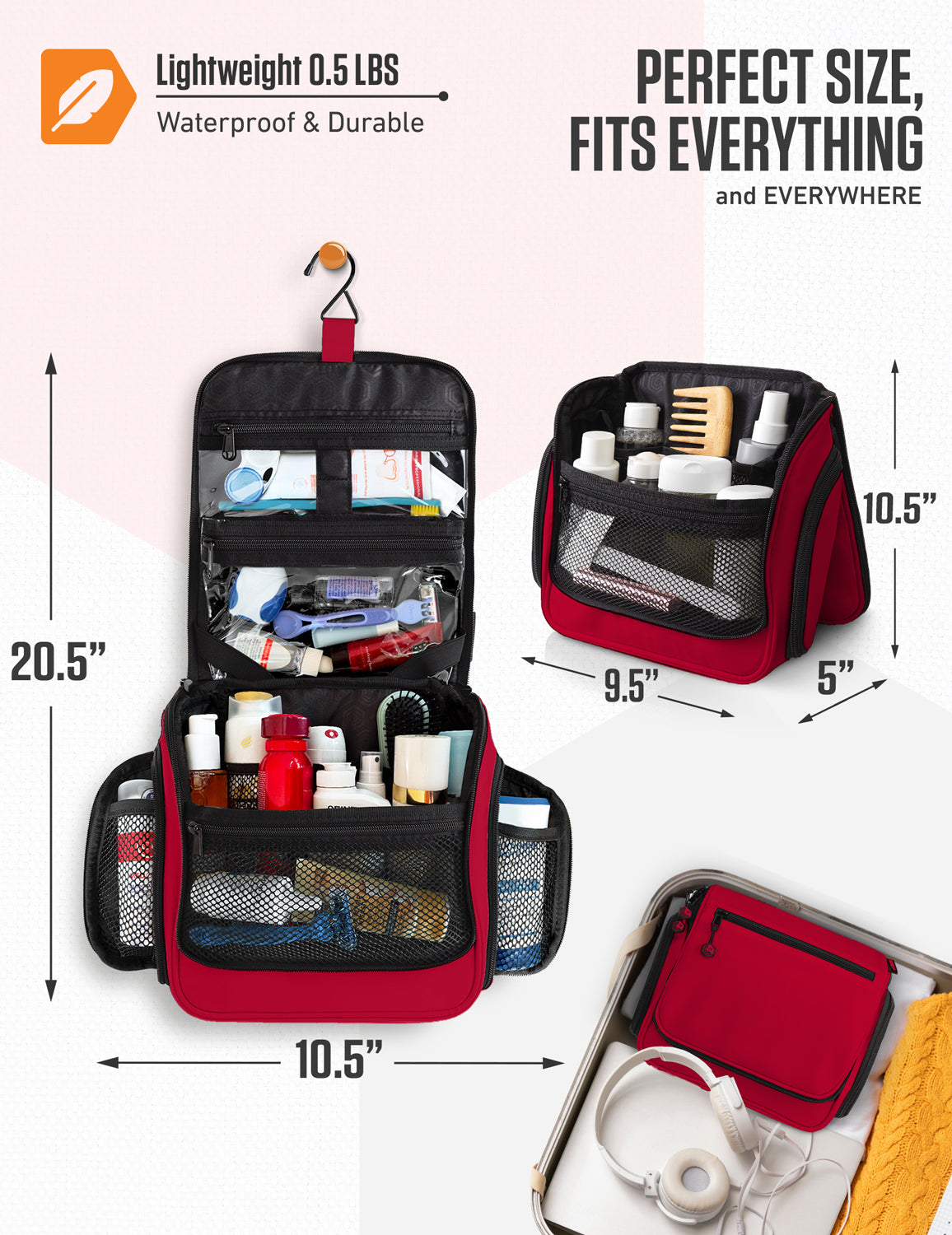 Black and red hanging toiletry bag with clear zip pouch and mesh compartments