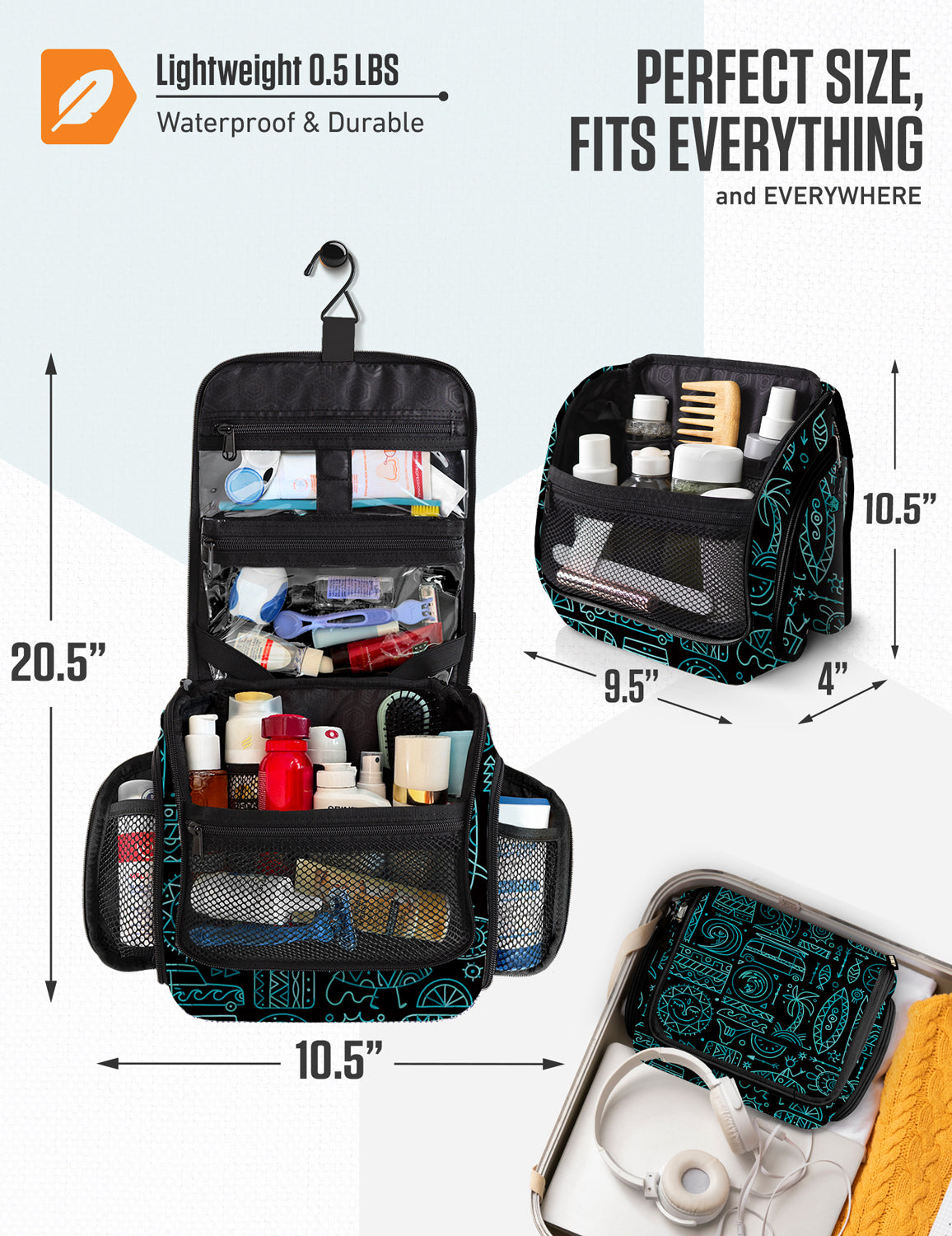 Teal and black hanging toiletry bag with clear zip pouch and mesh interior compartments