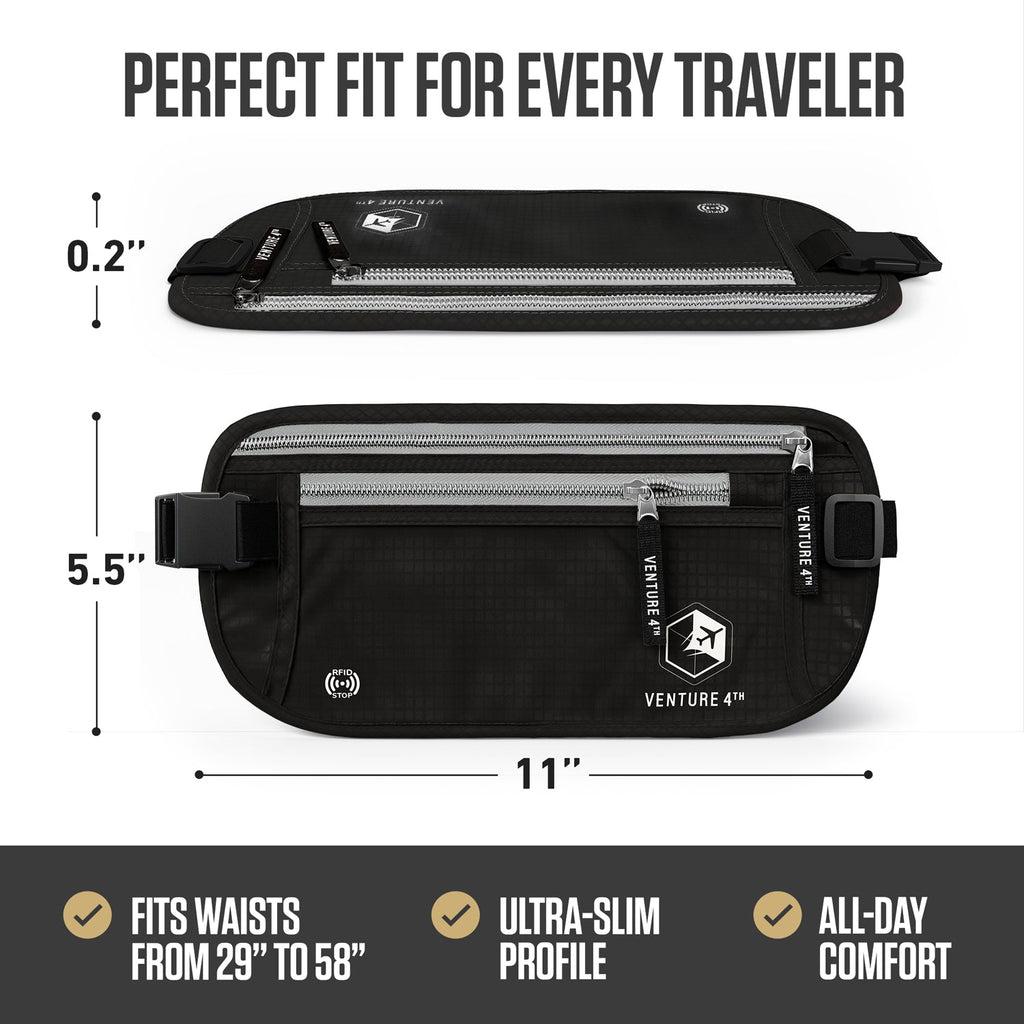 Black RFID money belt with front zipper pocket and adjustable waist strap