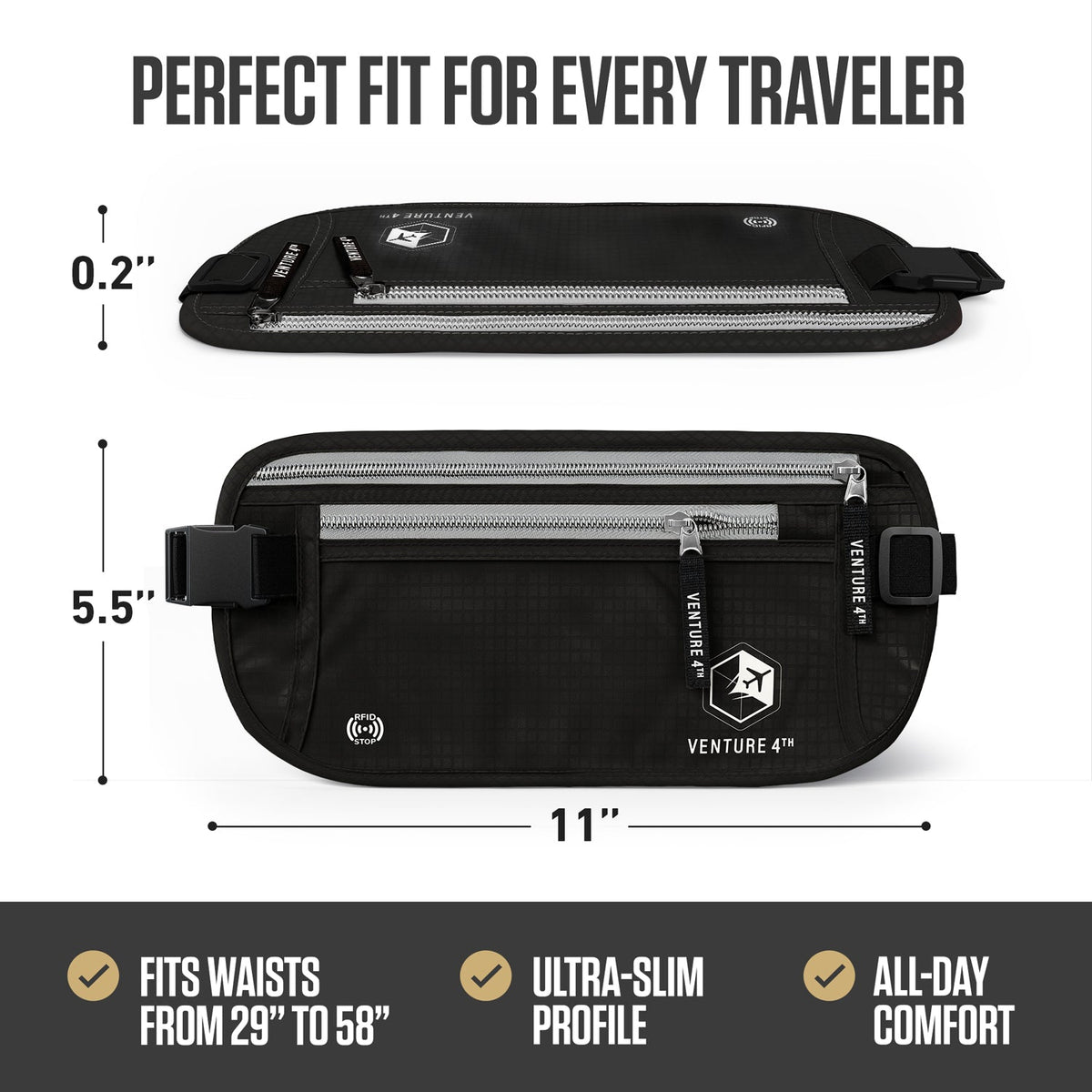 Black RFID money belt with front zipper pocket and adjustable waist strap