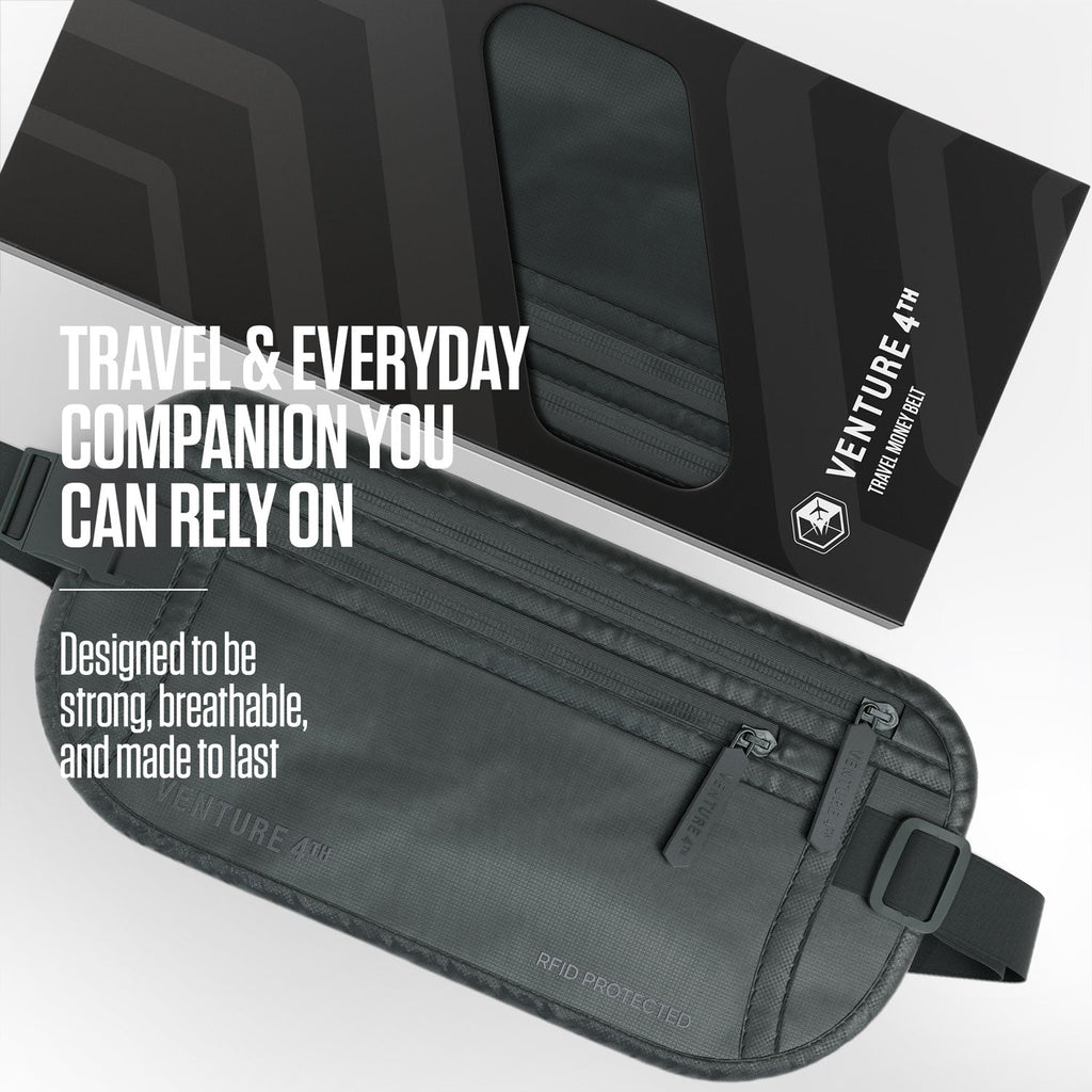 RFID travel money belt, dark gray zippered waist pouch with reinforced stitching