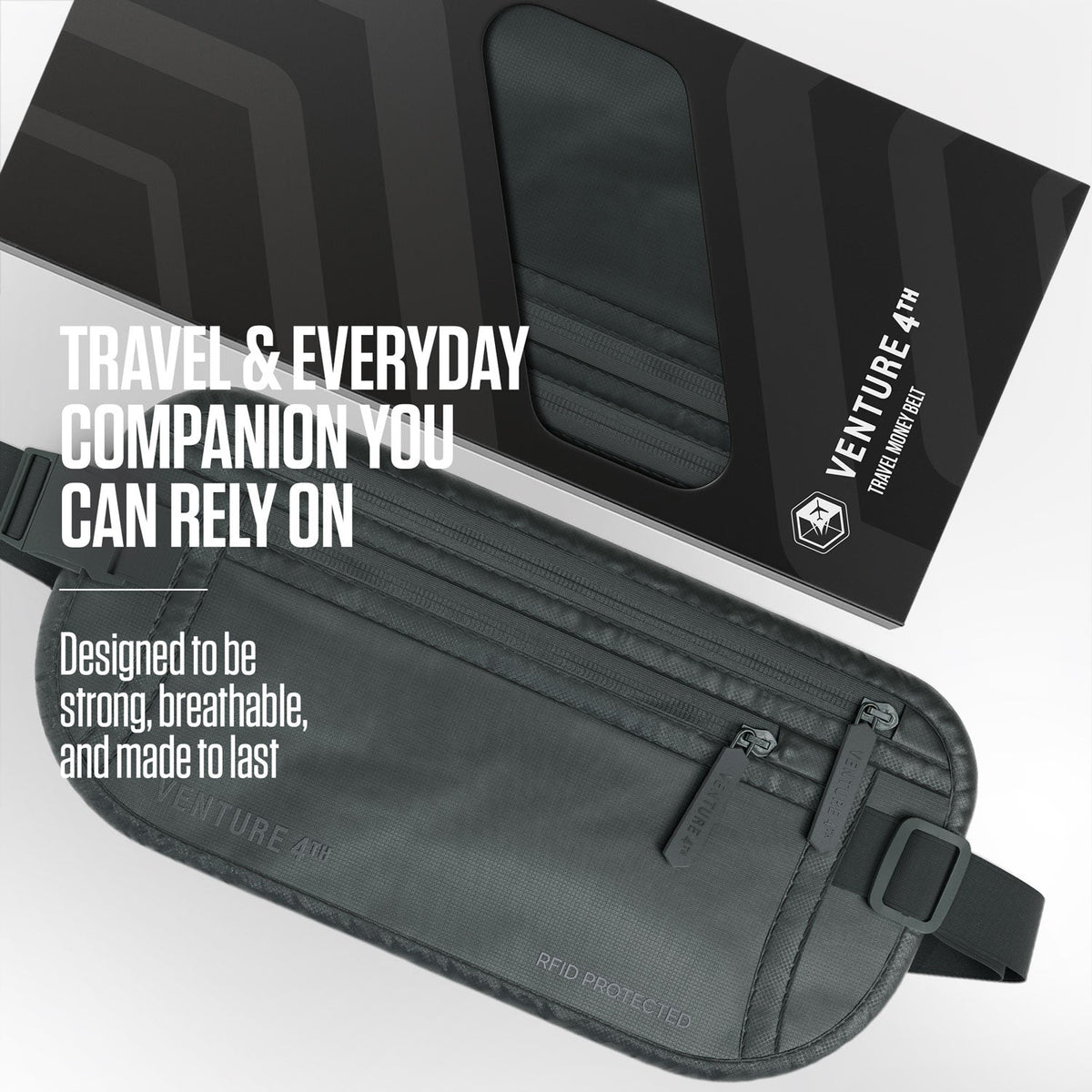 RFID travel money belt, dark gray zippered waist pouch with reinforced stitching