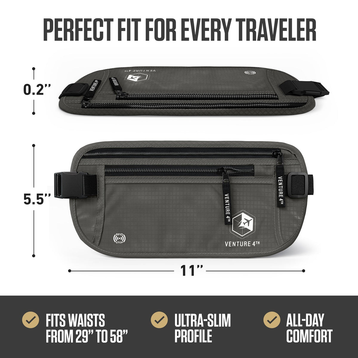 Gray RFID money belt front and back with front zipper pocket and adjustable strap