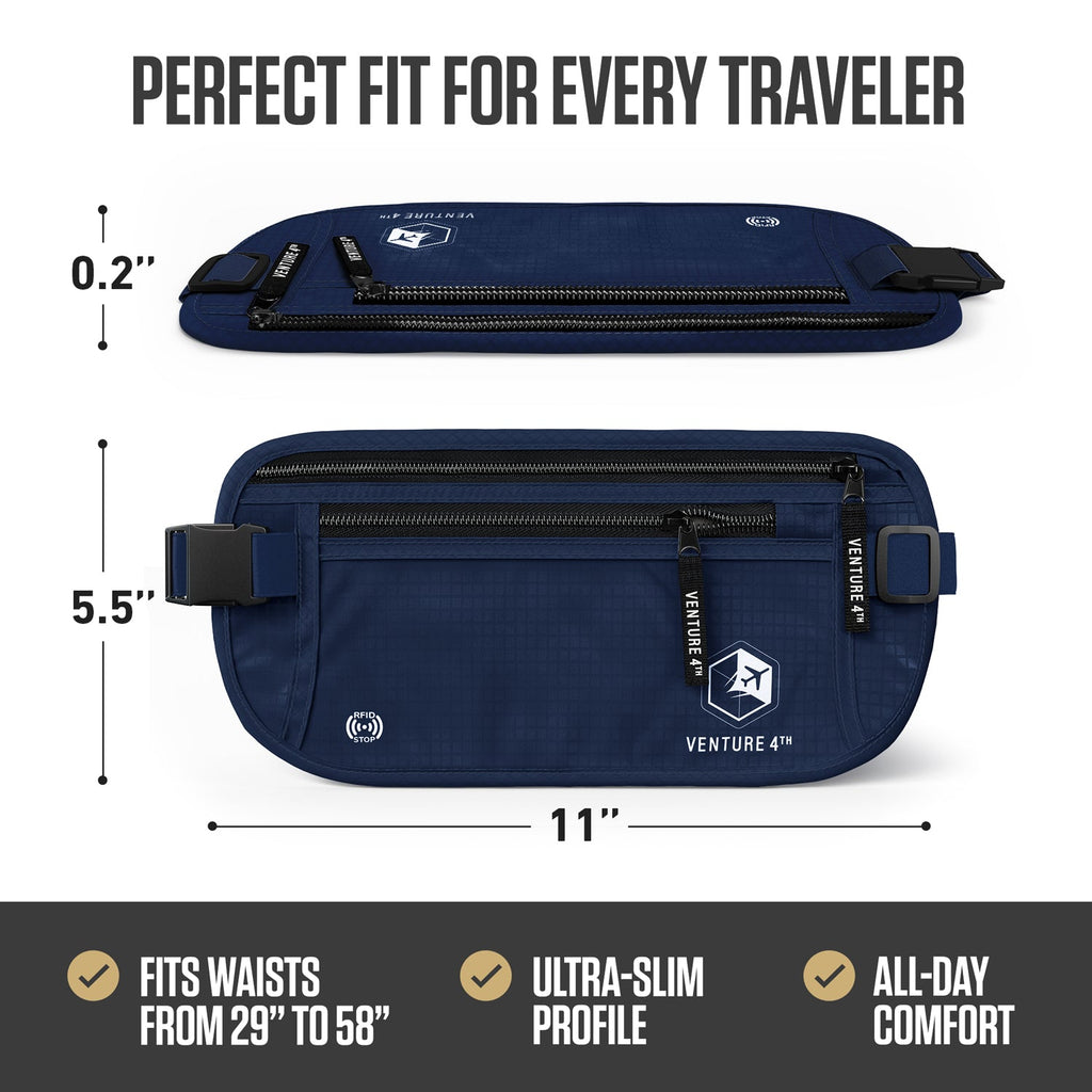 RFID safe money belt, blue slim profile with front zip pouch and adjustable strap