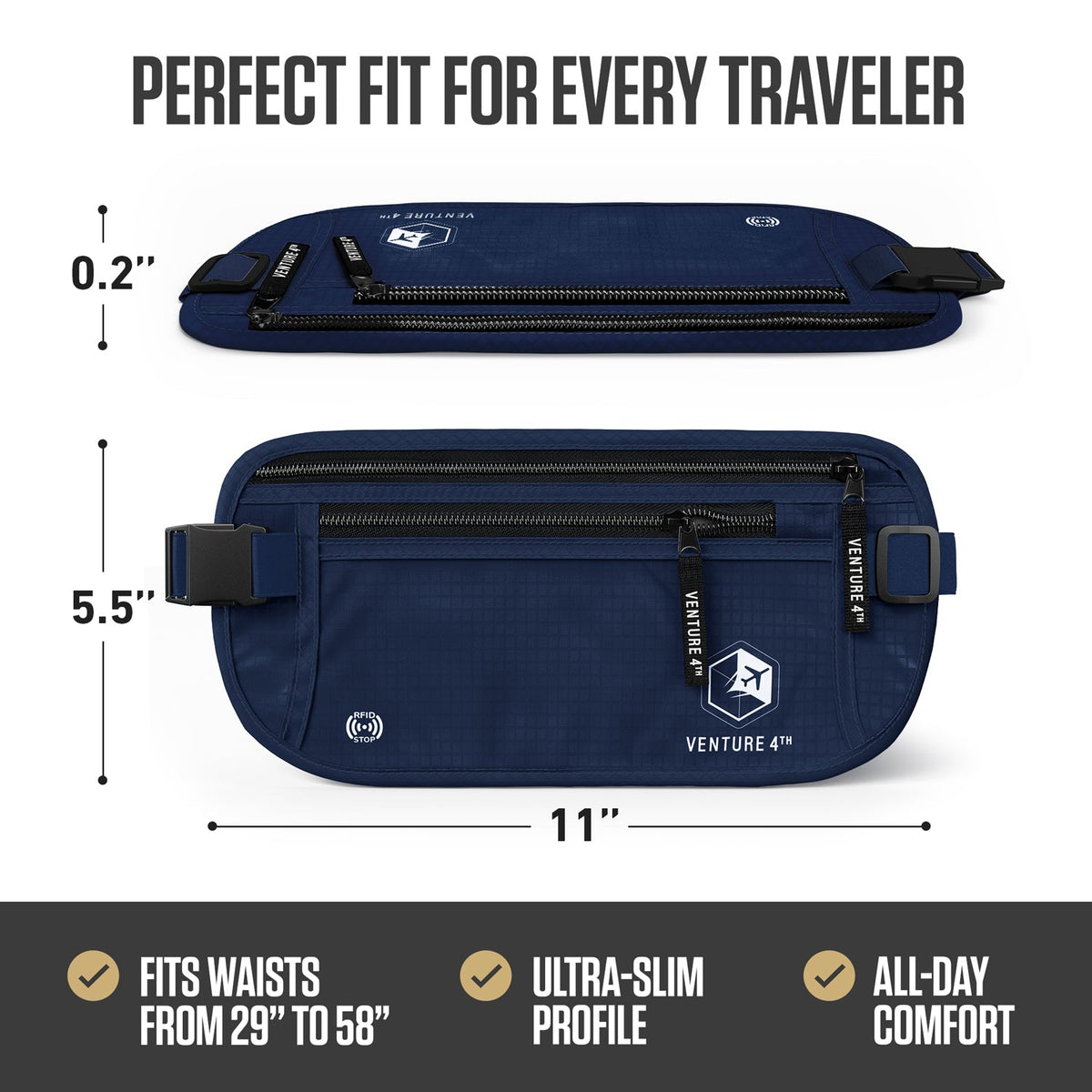 RFID safe money belt, blue slim profile with front zip pouch and adjustable strap