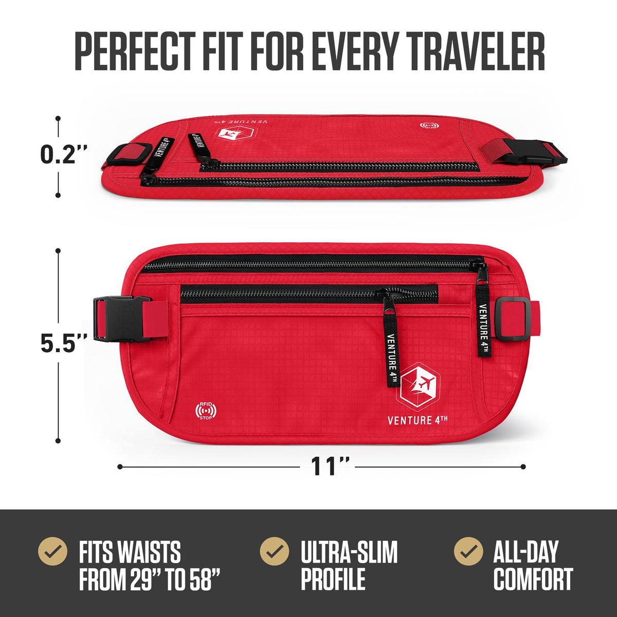 Red RFID money belt with slim profile, front zip pocket, and adjustable waist strap