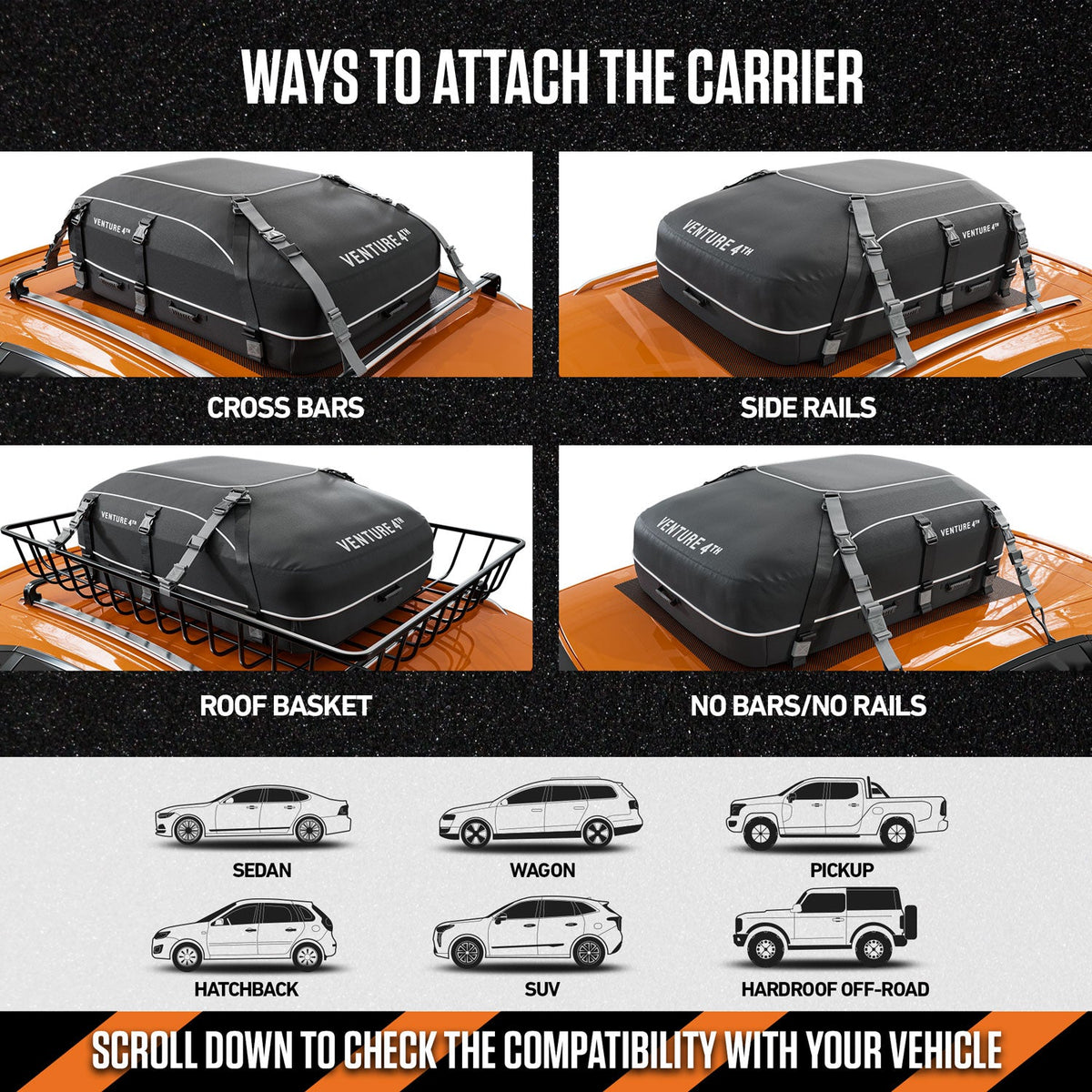 Black rooftop cargo carrier bag shown secured to cross bars, side rails, or roof basket