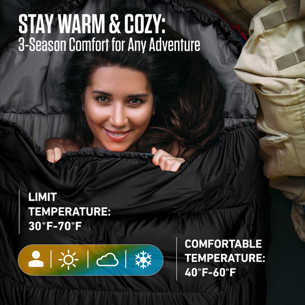 Black sleeping bag with open hood and soft interior lining for 3-season warmth