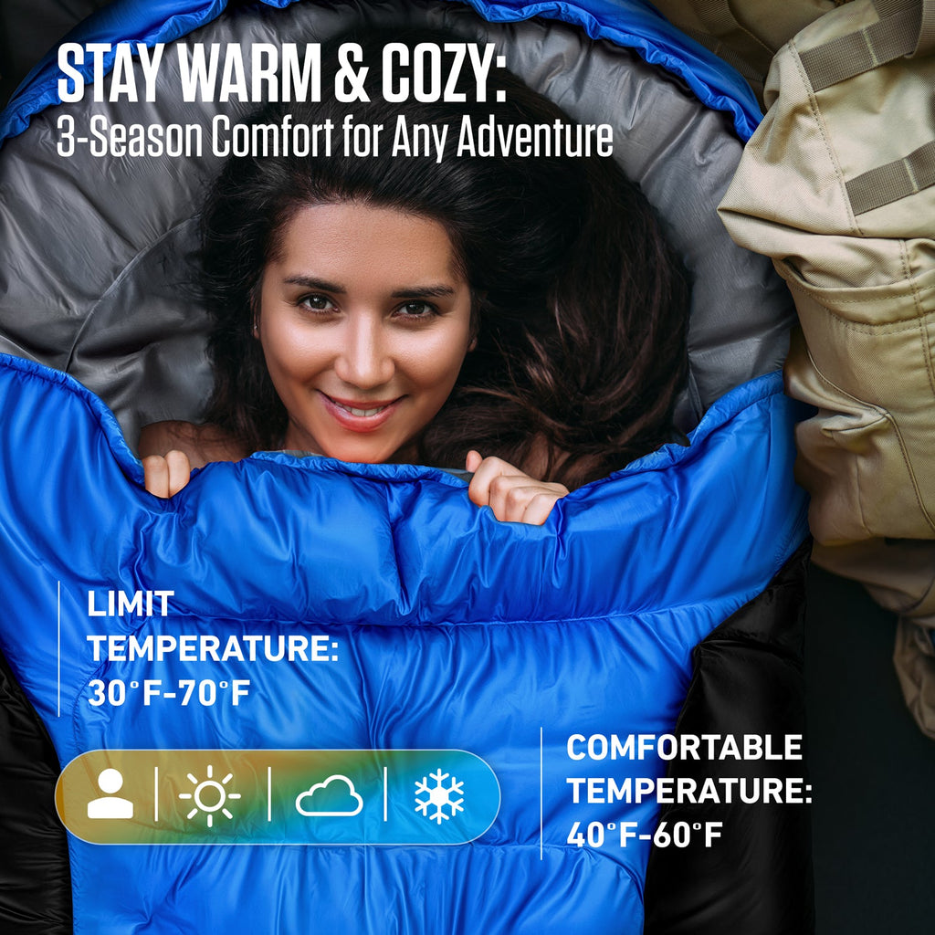 Venture 4th big and tall sleeping bag, blue and black open hood with insulated baffles