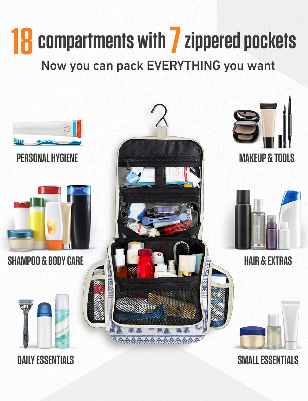 Hanging toiletry bag with top hook, many zippered pockets and mesh organizer