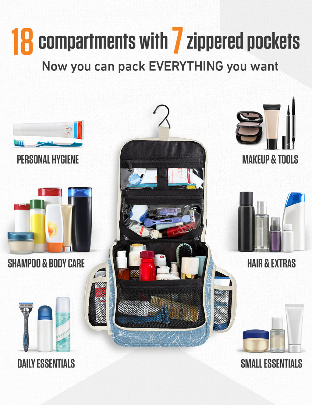 Black-and-blue floral hanging toiletry organizer with zip pockets and see-through compartments