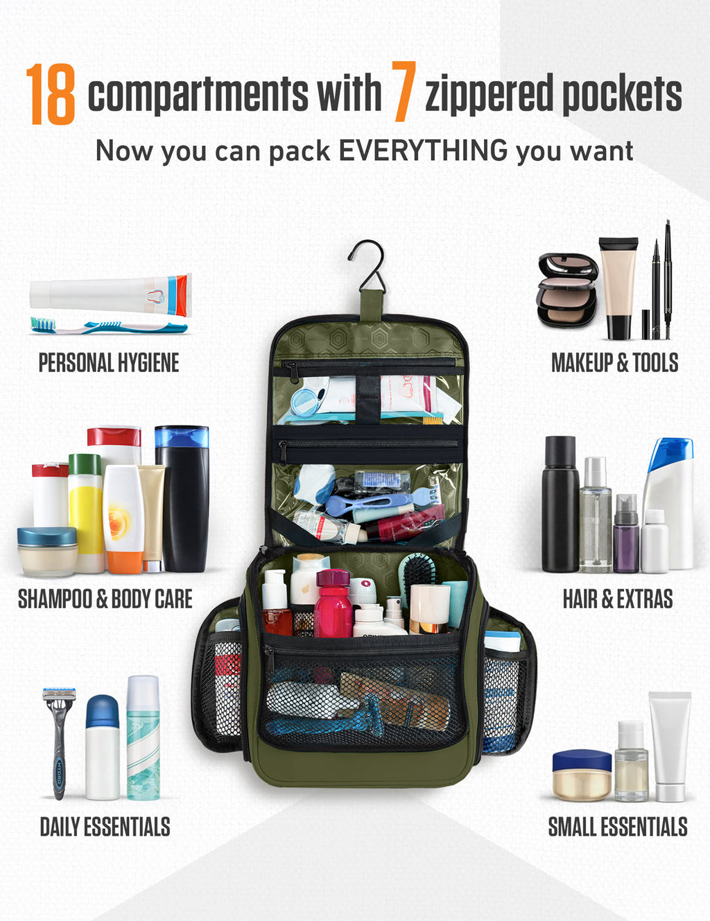 Olive green hanging toiletry bag with multiple compartments and zippered organizer pockets