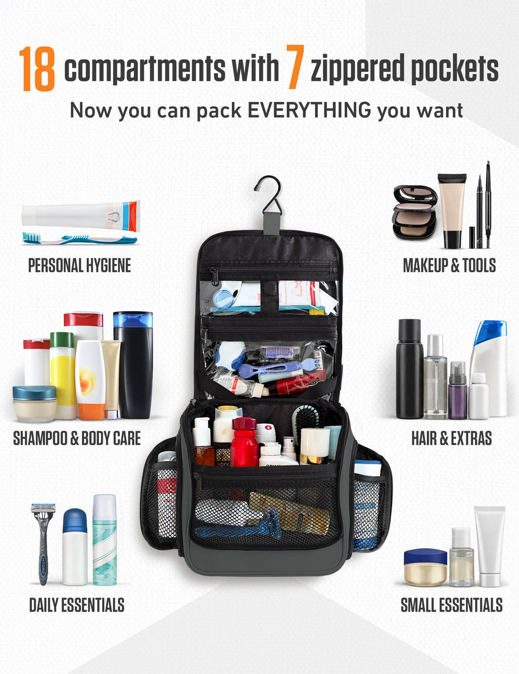 Black hanging toiletry bag with multiple compartments and mesh pockets, fully organized