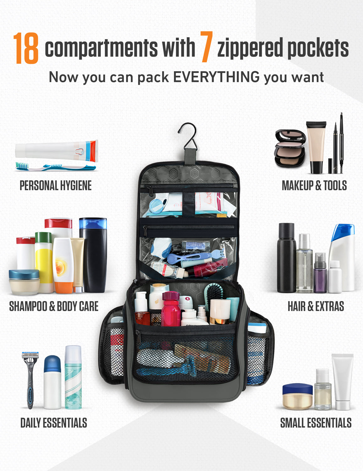 Black hanging toiletry bag with 18 compartments and multiple zip pockets
