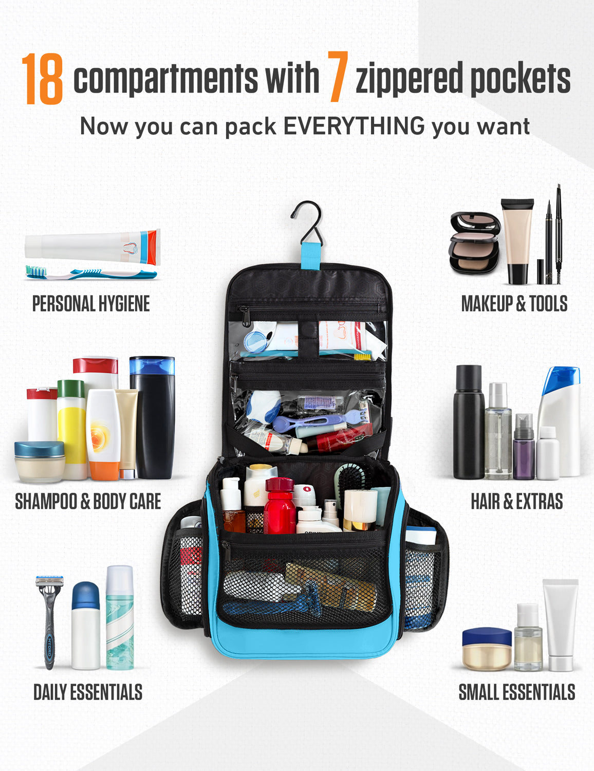 Hanging toiletry organizer with multiple compartments and seven zippered pockets