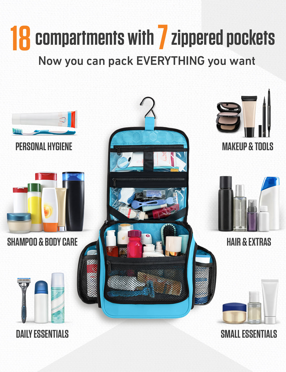 Blue hanging travel toiletry bag with compartments and mesh pockets for toiletries