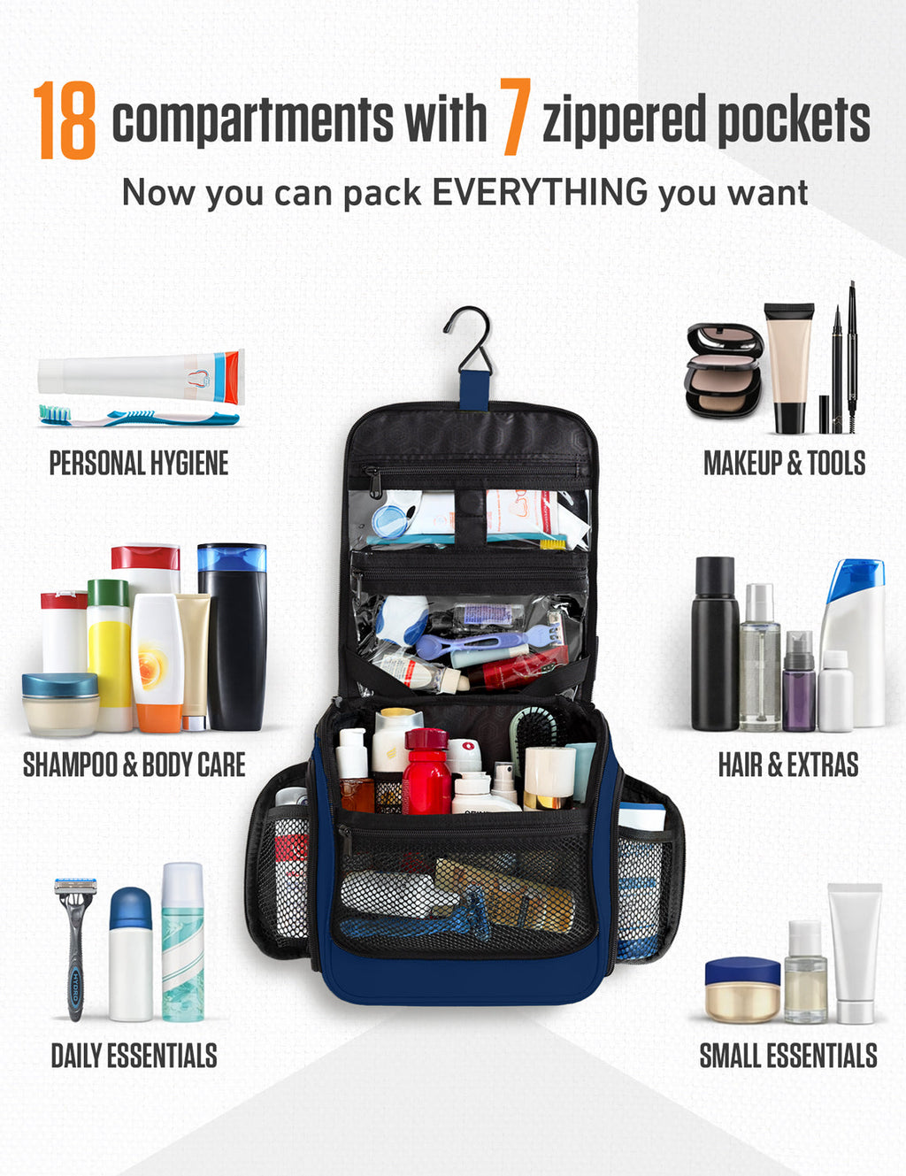 Blue hanging toiletry organizer with many compartments and zipped front pockets