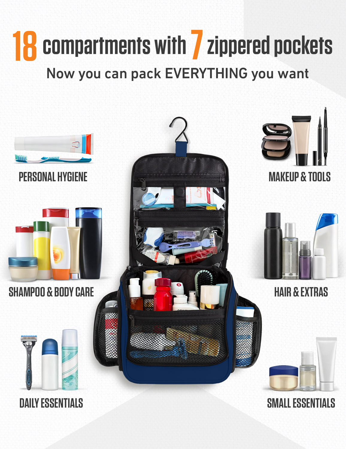 Blue hanging toiletry organizer with many compartments and zipped front pockets