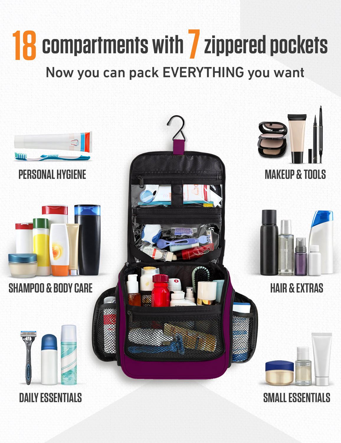 Purple toiletry organizer bag with 7 zip pockets and clear front mesh organizer