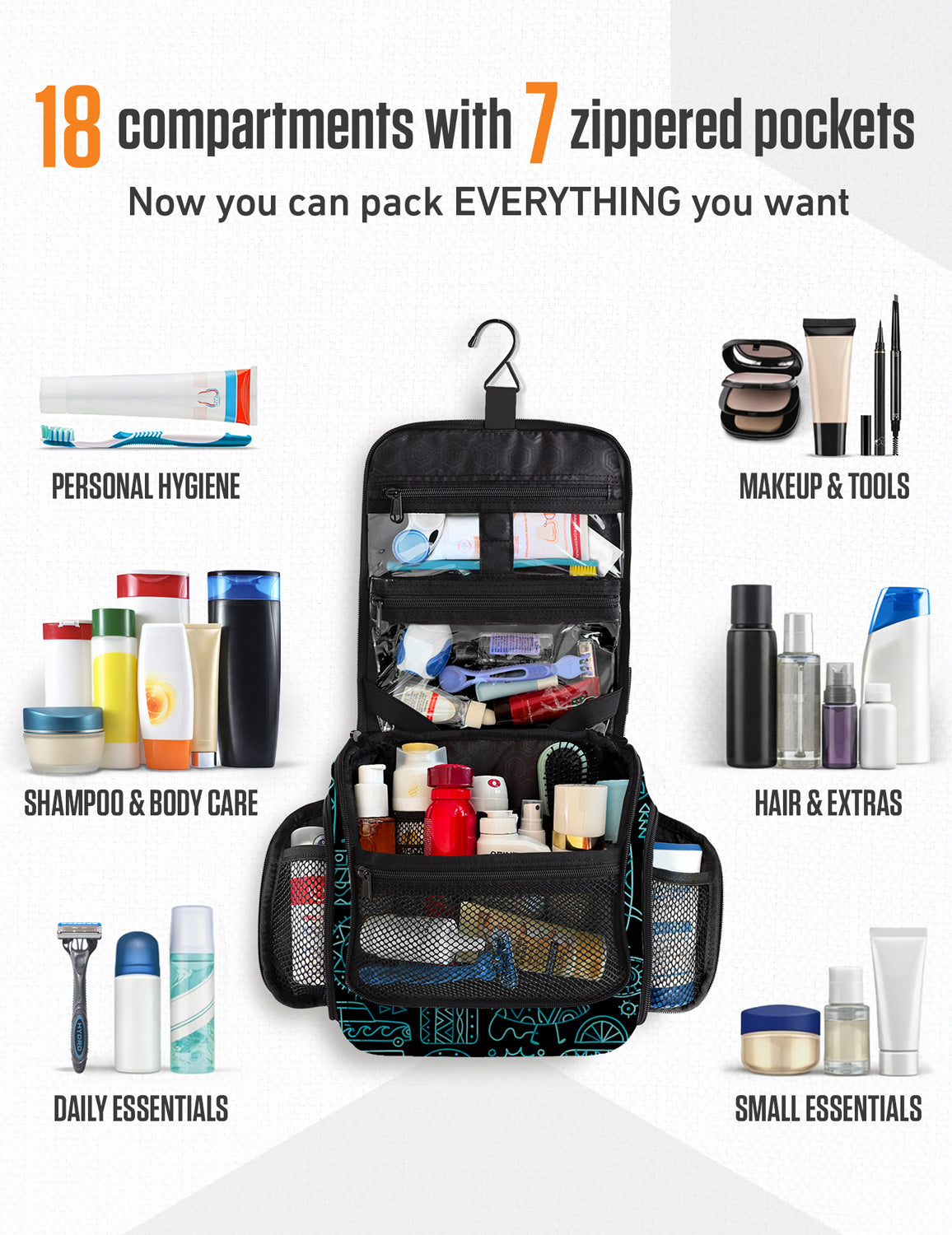 Black and teal hanging toiletry bag with multiple compartments and zippered pockets