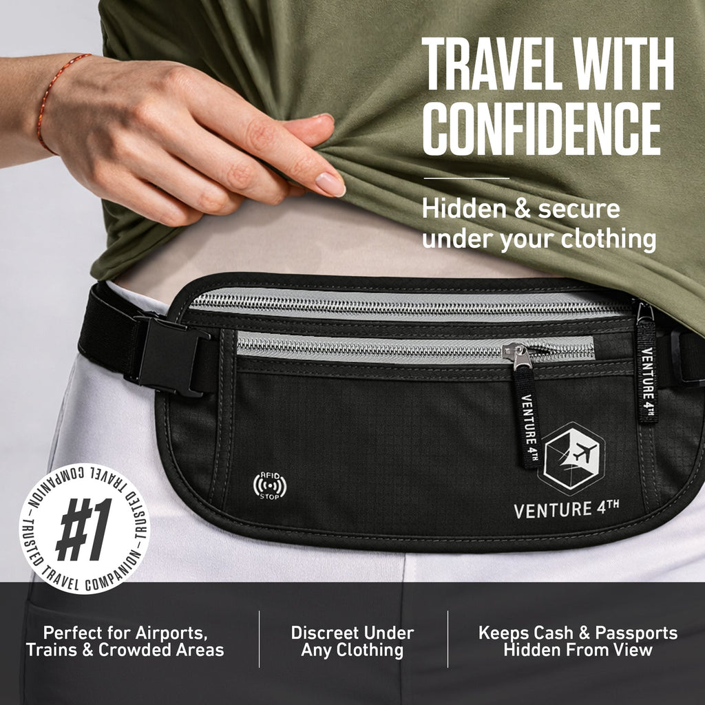 Black money belt worn at waist with front zipper pouch and RFID logo patch