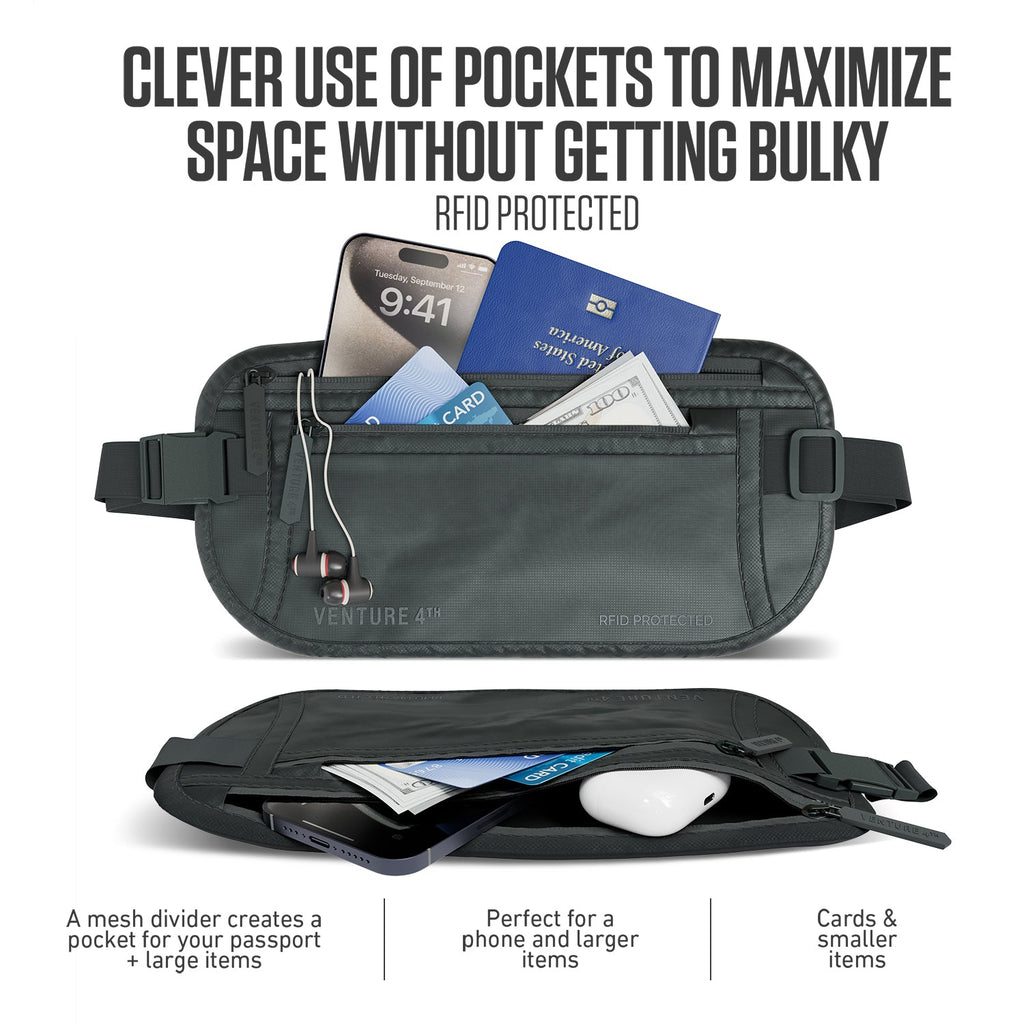 RFID travel money belt with front zipper and open pocket compartment, dark gray