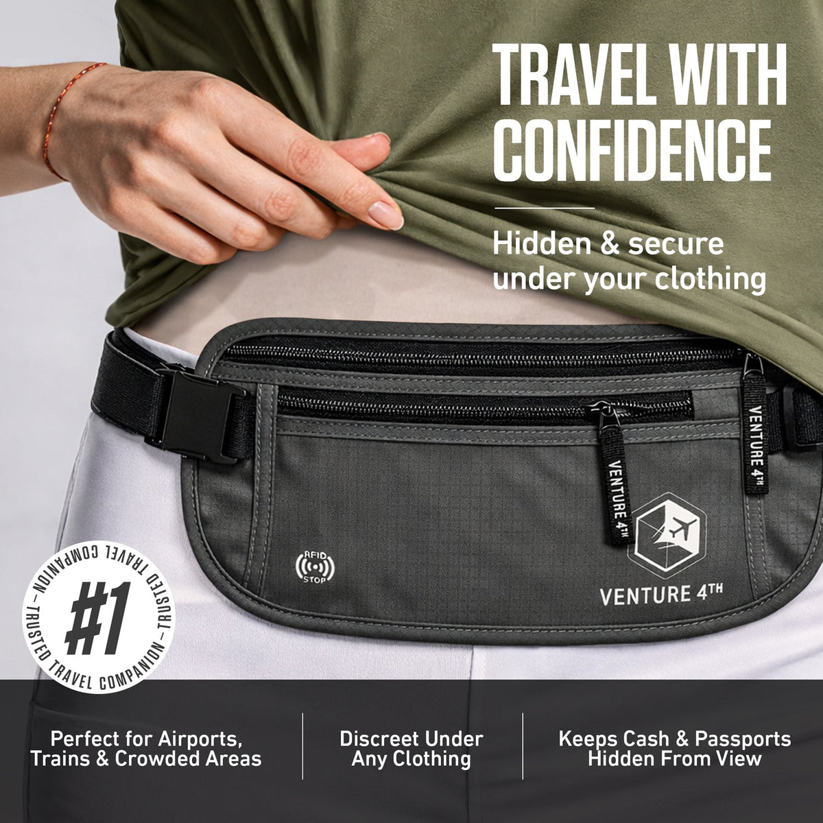 RFID safe money belt with zippered hidden pouch, worn across waist; dark gray