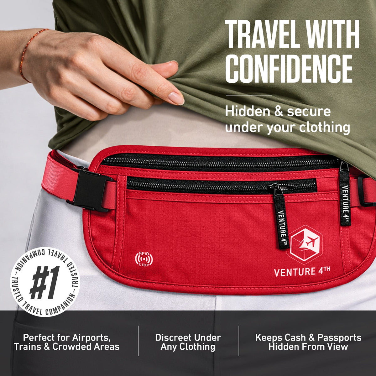 Red RFID money belt worn at waist under clothing, with zippered storage pocket