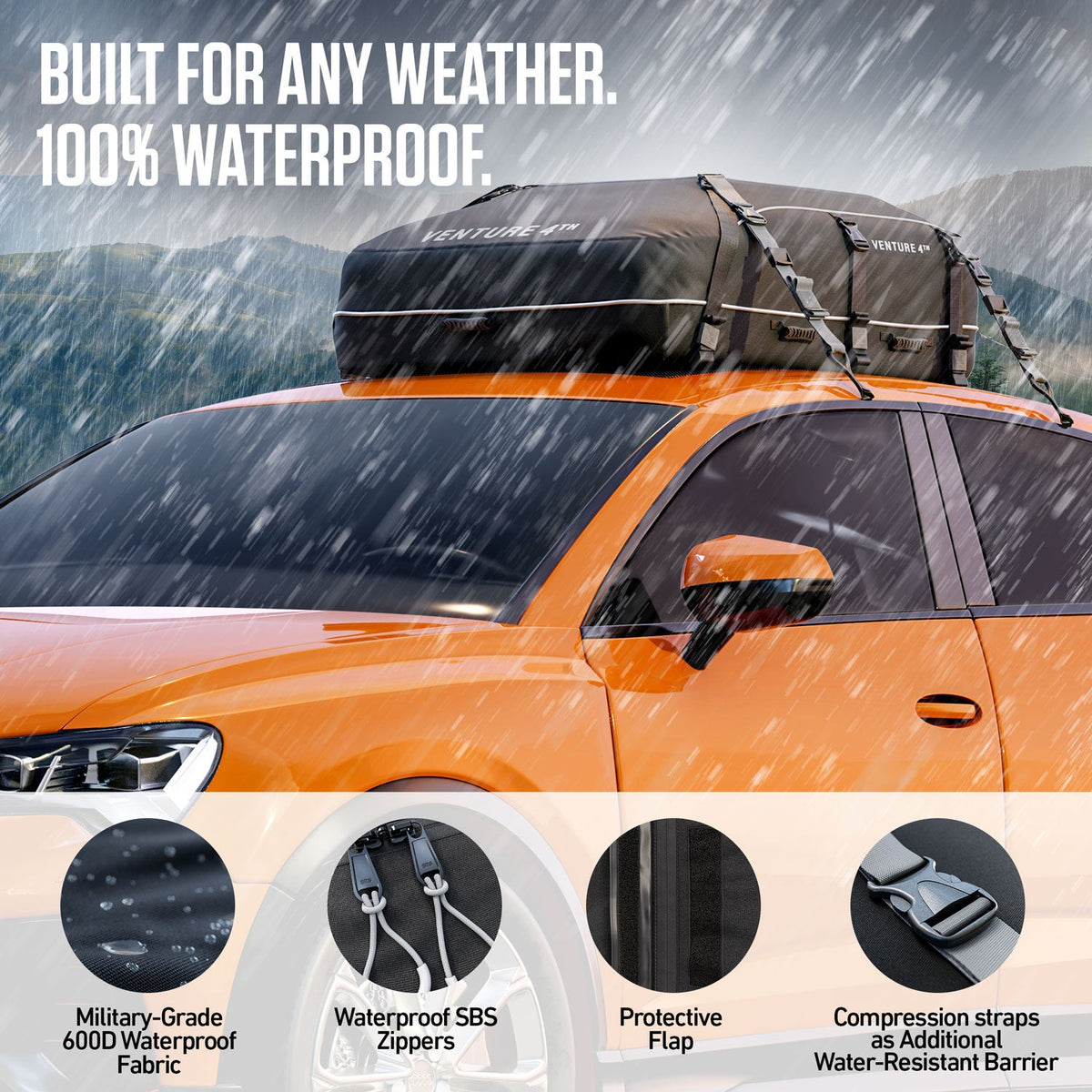 Black rooftop cargo carrier bag mounted on a vehicle roof rack in rainy weather