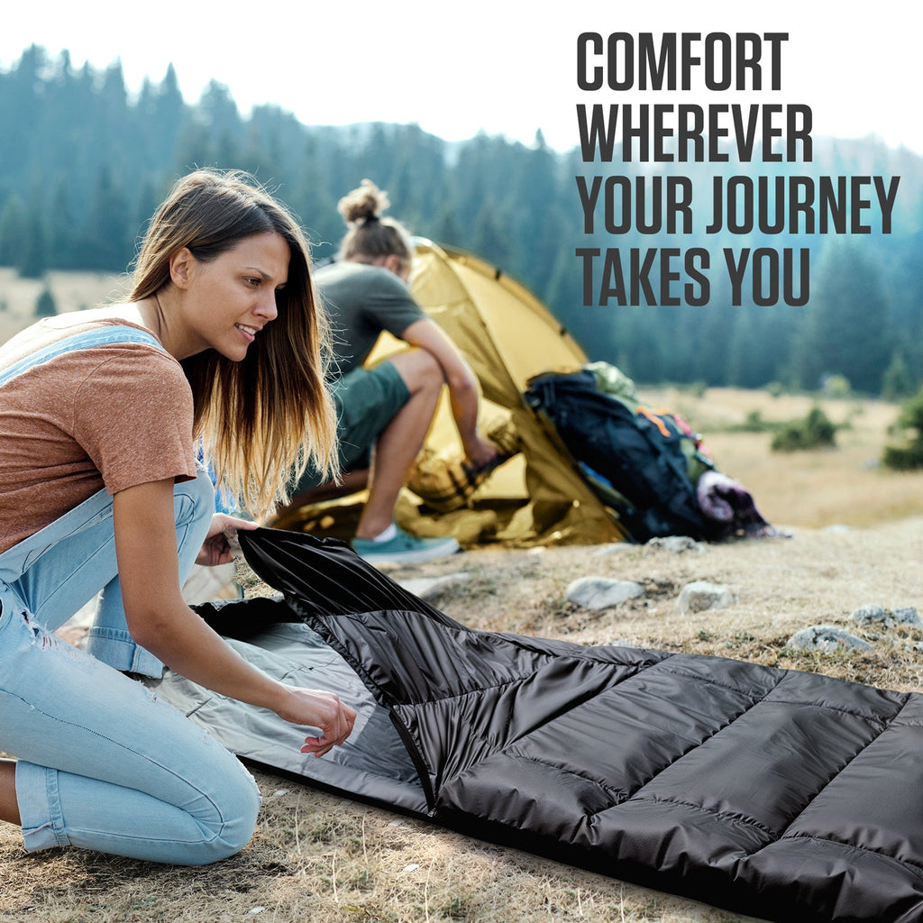 XXL sleeping bag with black top and black bottom, laid open for camping