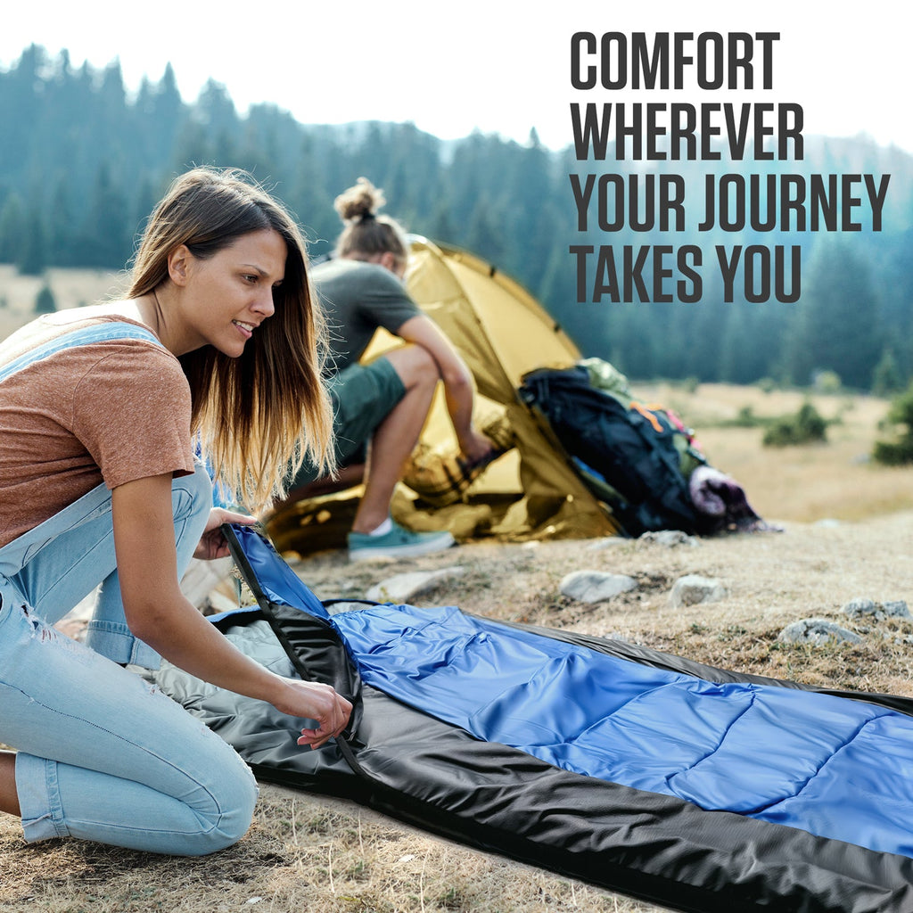 XXL sleeping bag with blue top and black bottom, laid open for camping