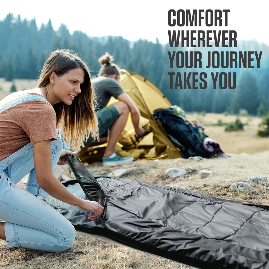 Gray sleeping bag laid flat with open end, ready for camping use