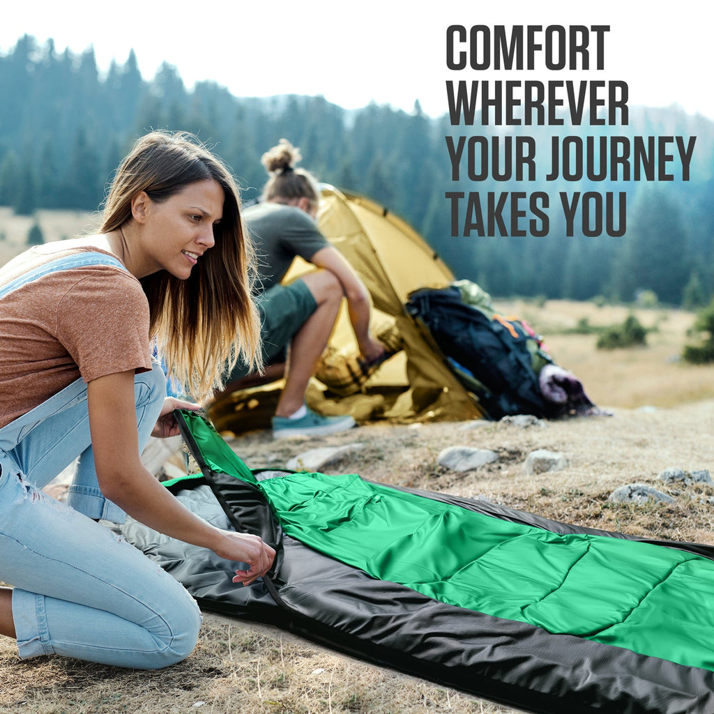 Venture 4th big and tall sleeping bag, green and black laid out on the ground
