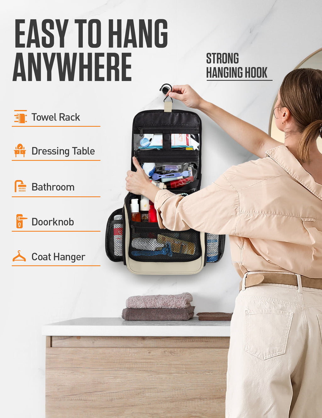 Black hanging toiletry bag with strong hook for bathroom towel racks