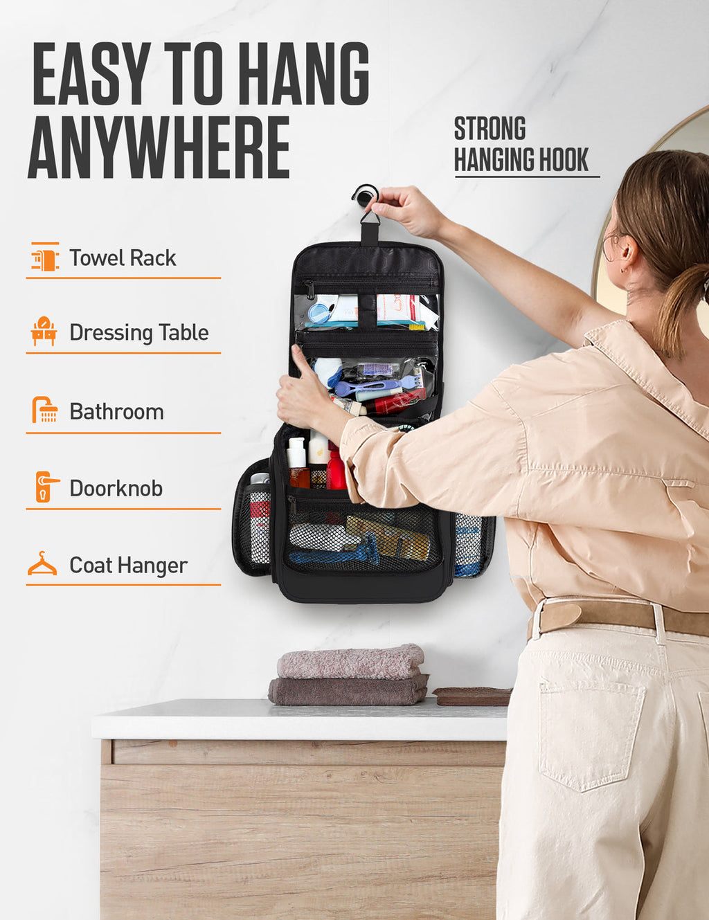 Black hanging toiletry bag with front organizer panel and hook for easy hanging