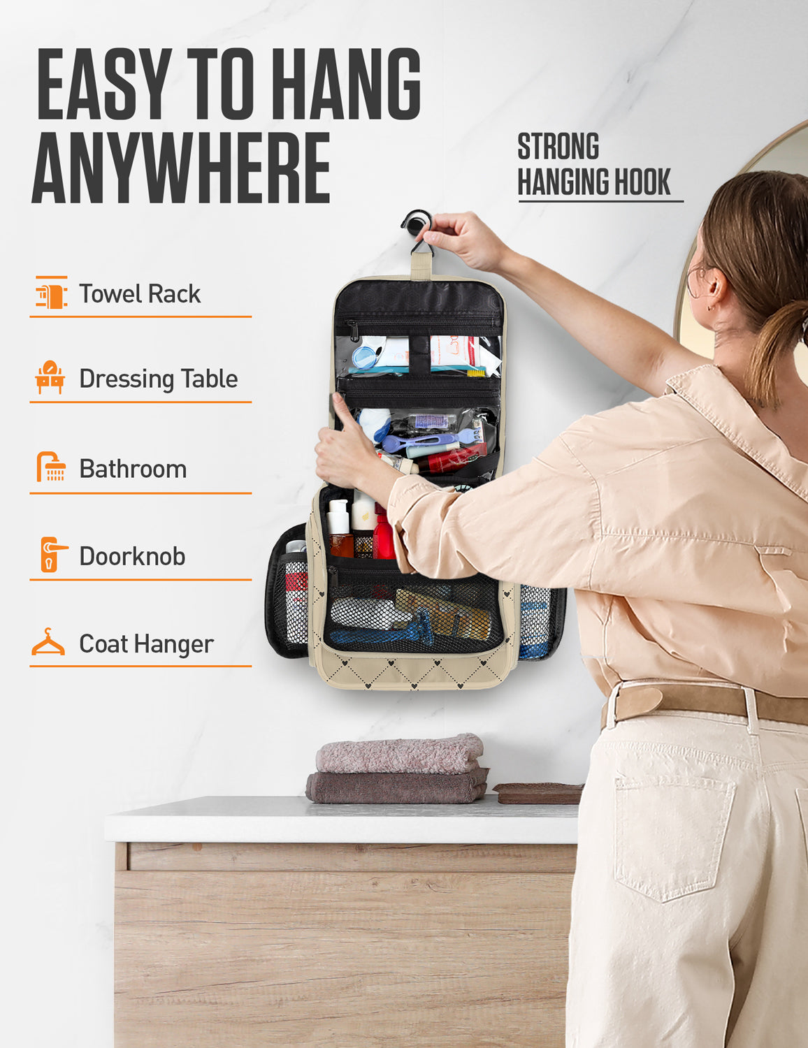 Hanging toiletry bag with hook, mesh pockets, and zip compartments in dark color