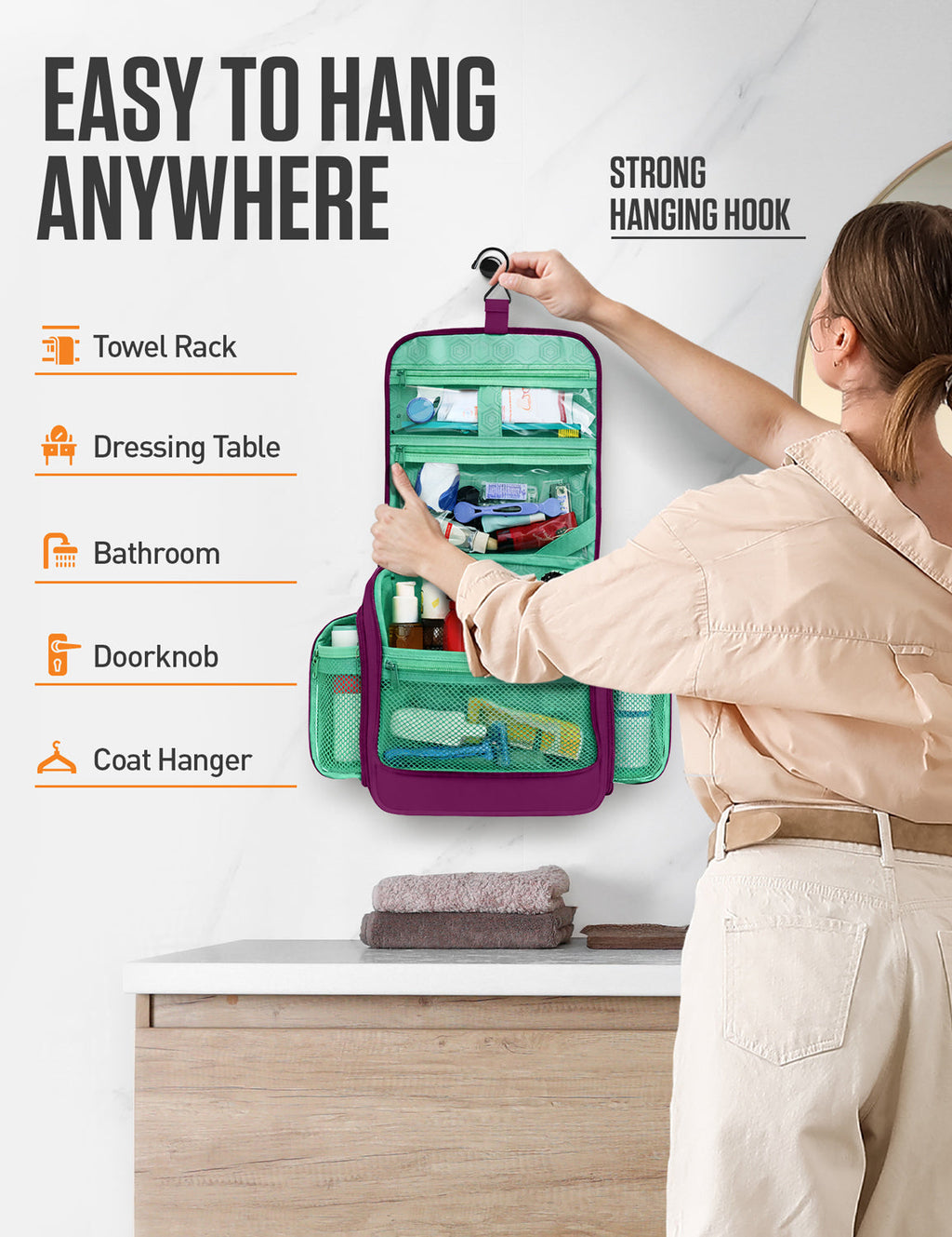 Hanging travel toiletry bag with hook and clear mesh pockets, green and purple