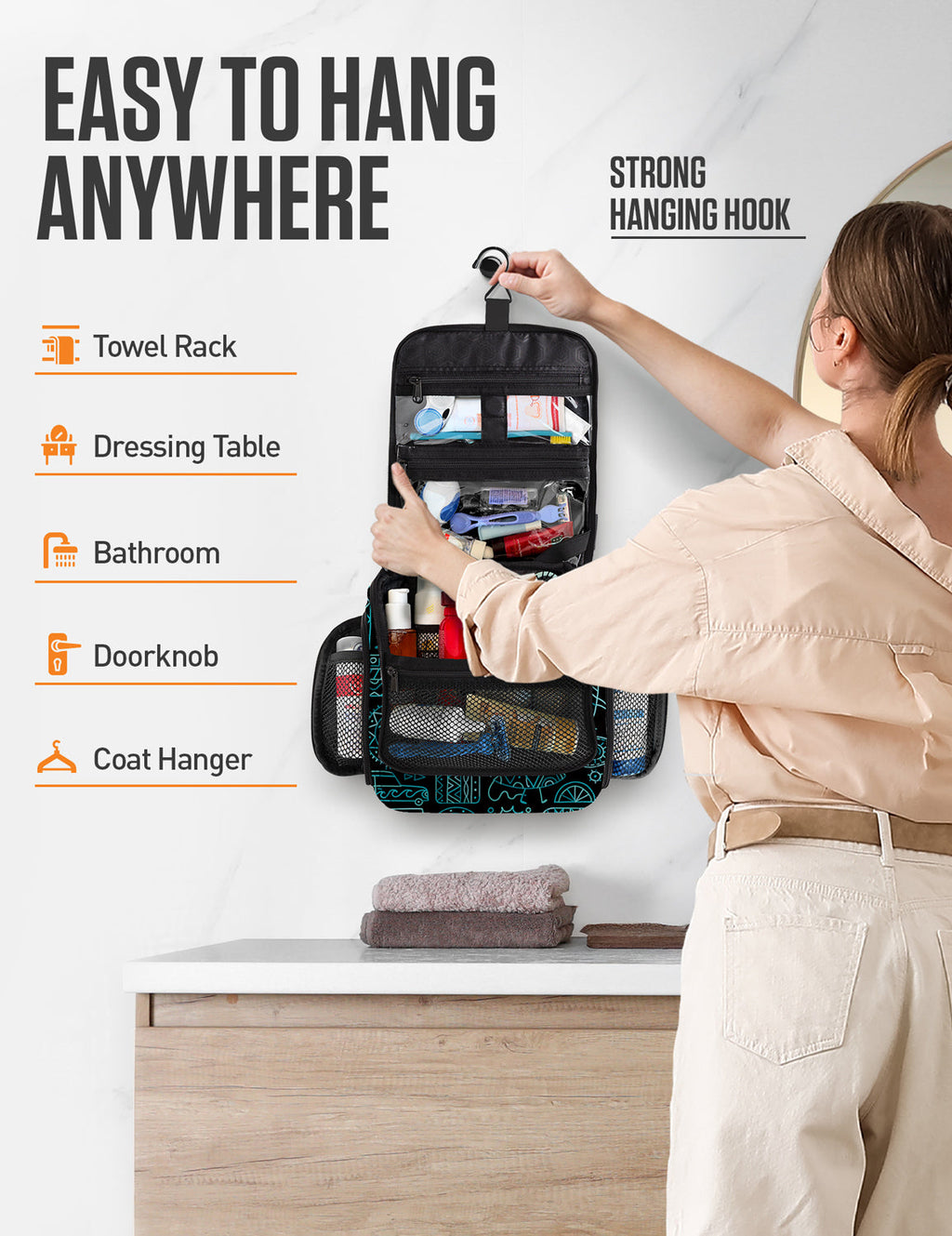 Teal and black hanging toiletry bag with hook for easy hanging and mesh storage