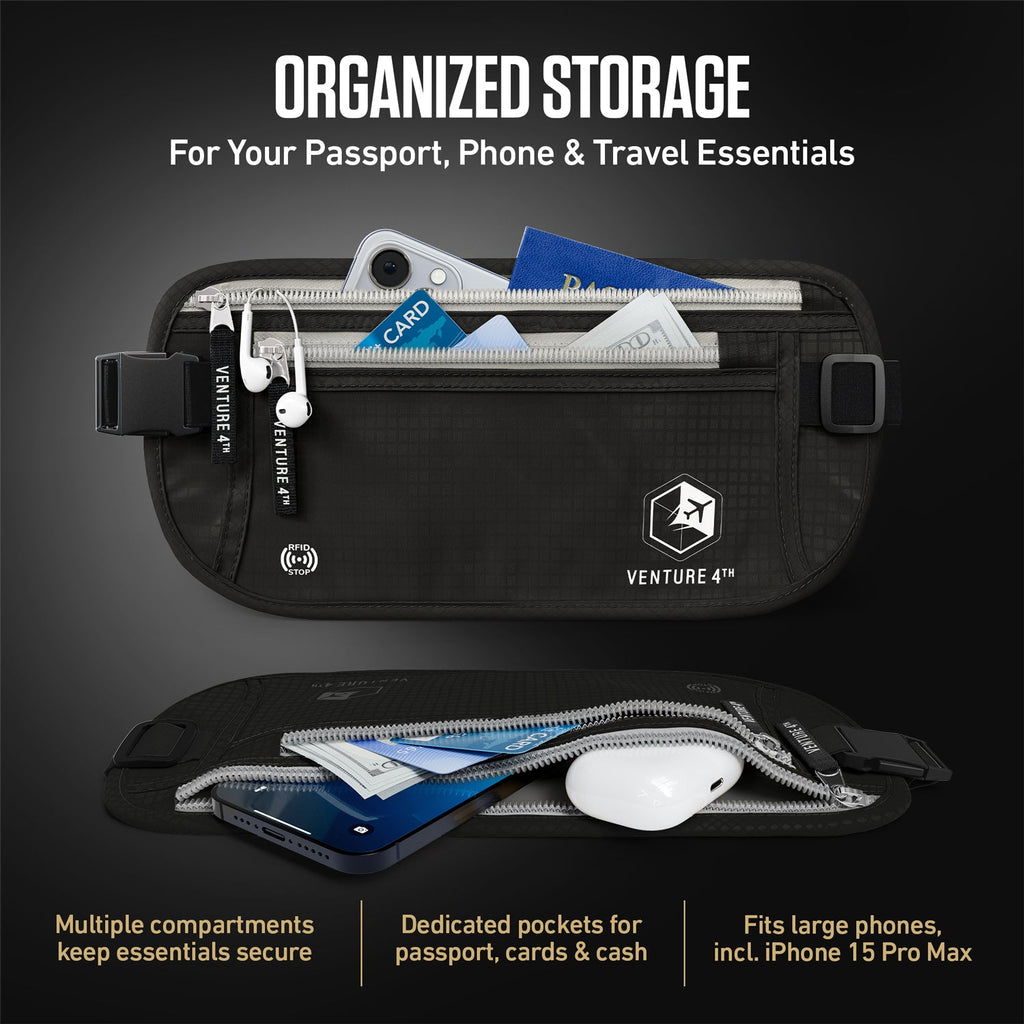 Black travel money belt open with card slots, compartments, and front zipper pouch