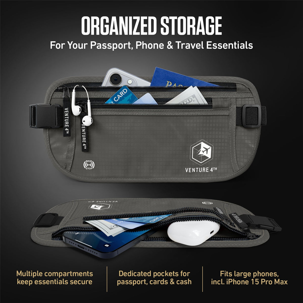 RFID safe money belt with zippered front pouch, shown open with passport slots; gray