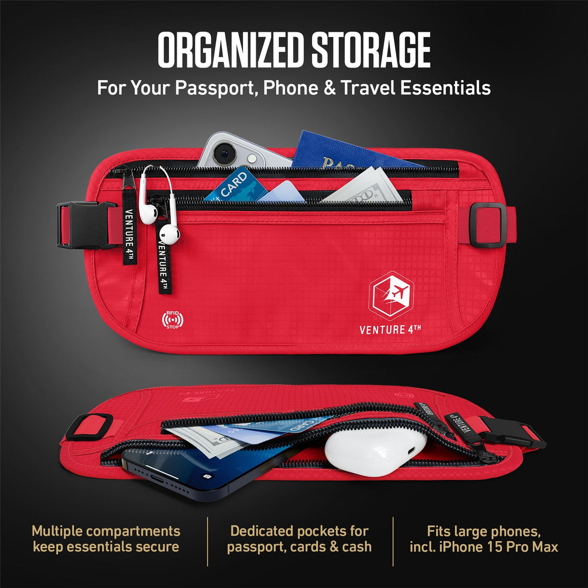 Red RFID money belt pouch with organized compartments holding passport and phone
