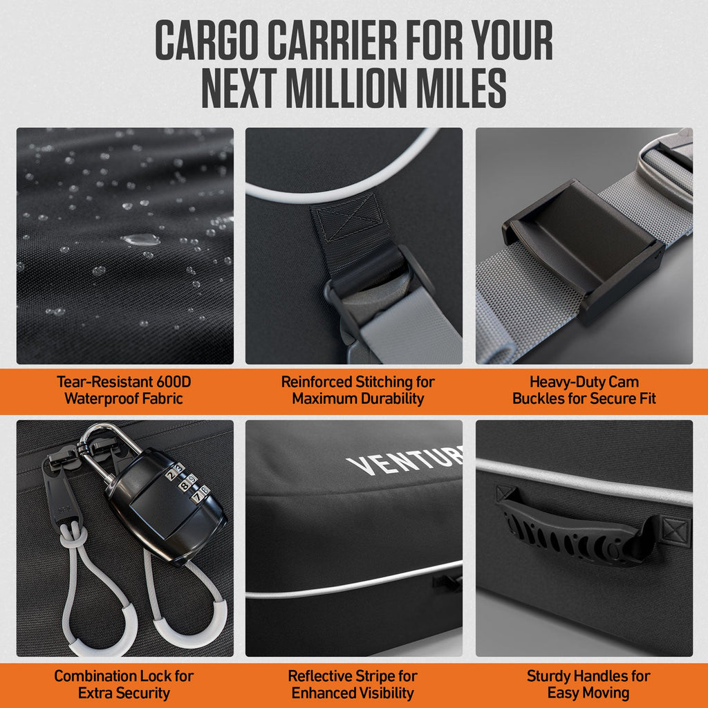 Black cargo carrier with tear-resistant fabric, reinforced seams, and cam buckle straps