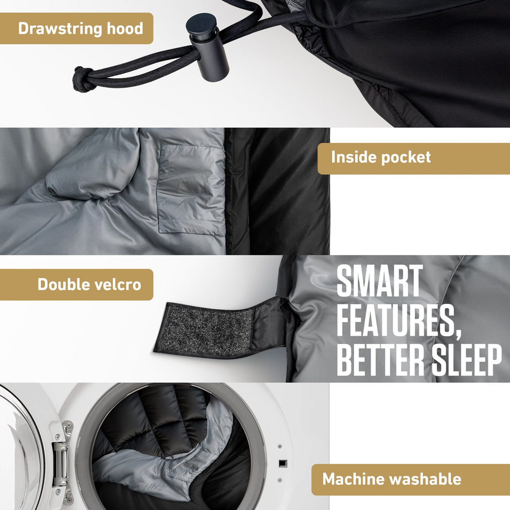 Black sleeping bag close-up with drawstring hood, inside pocket, and velcro