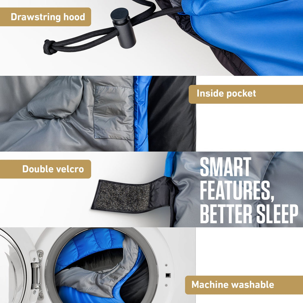 Blue/black sleeping bag close-up with drawstring hood and inside pocket