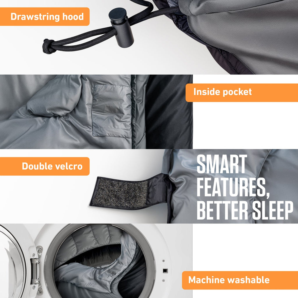 Gray sleeping bag with drawstring hood, inside pocket, and reinforced velcro strap