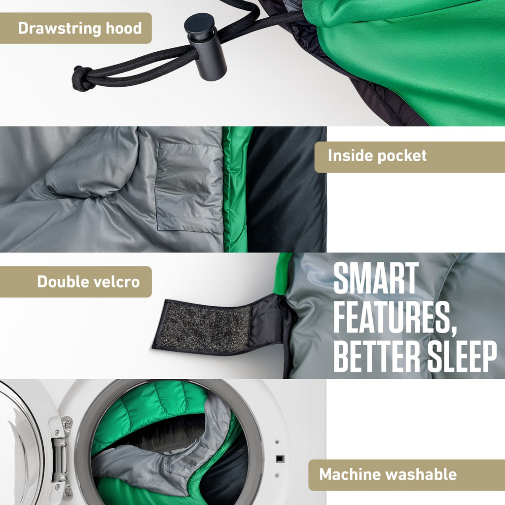 Venture 4th big and tall sleeping bag, green and black with inside pocket and drawcord