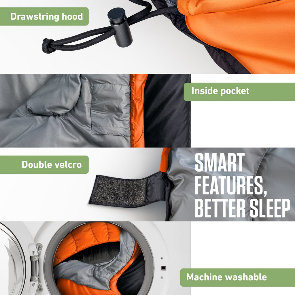 Gray sleeping bag detail with drawstring hood, inside pocket, and double velcro