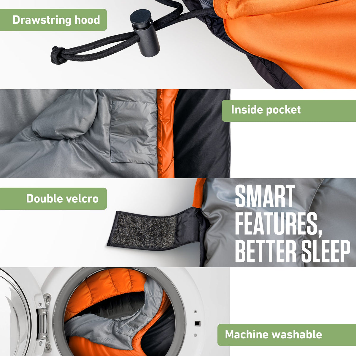 Gray sleeping bag detail with drawstring hood, inside pocket, and double velcro